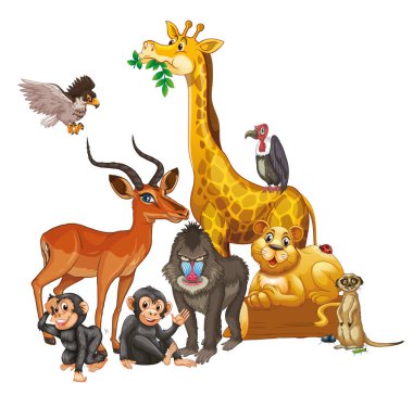 Beyaz arka plan üzerinde birçok vahşi hayvanlar