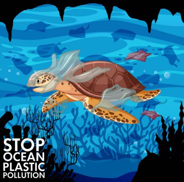 Okyanusta deniz kaplumbağası ve plastik torbalar ile poster tasarımı