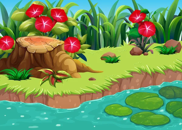 Natuur scène met rode bloemen aan de rivier — Stockvector