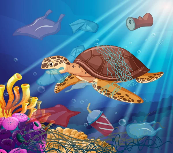 Meeresschildkröte und Plastiktüten im Ozean — Stockvektor