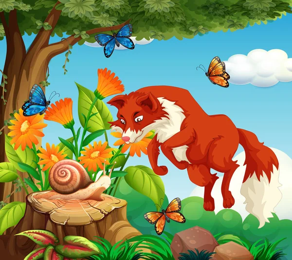 Háttér jelenet vörös róka és a rovarok a parkban — Stock Vector