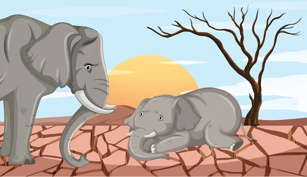 Dos elefantes muriendo en la tierra de sequía — Vector de stock