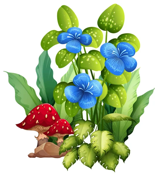 Tropikalne niebieskie kwiaty z grzybami — Wektor stockowy