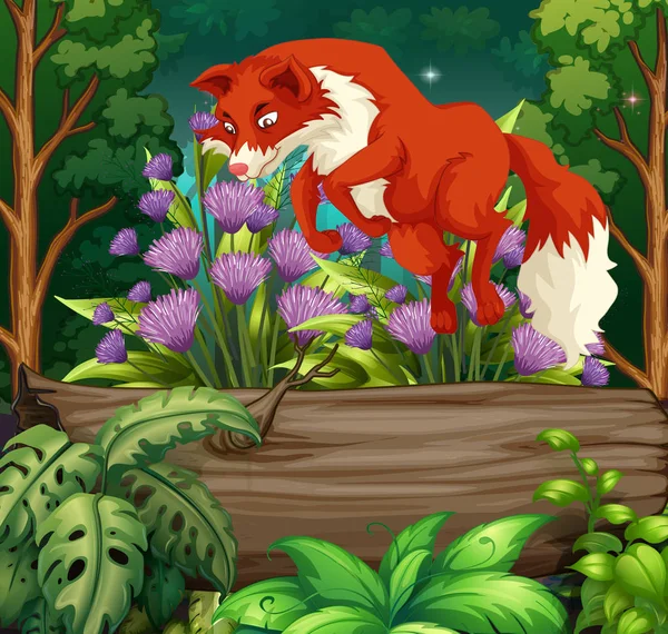 Natur scen med Red Fox hoppar över log — Stock vektor