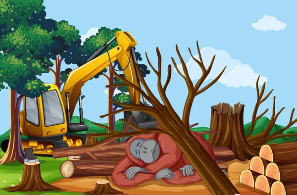 Deforestation scene with dying monkey — Stock Vector