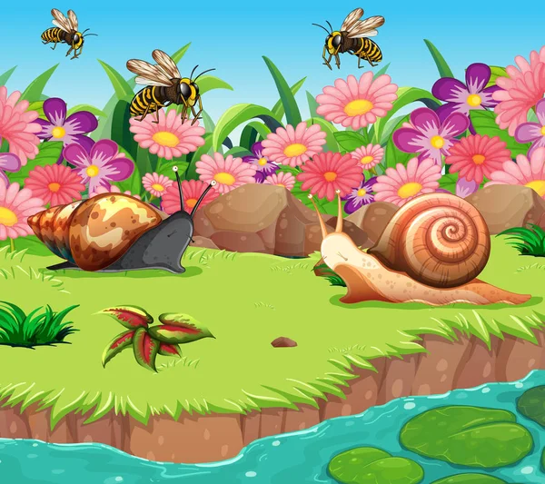 Background scene with snails and bees by the river — Stock Vector