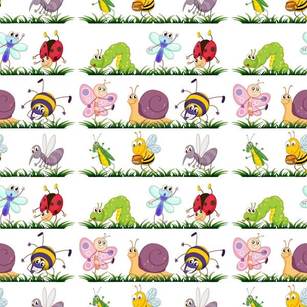 Dibujos animados de azulejos de patrón sin costura con insectos — Vector de stock