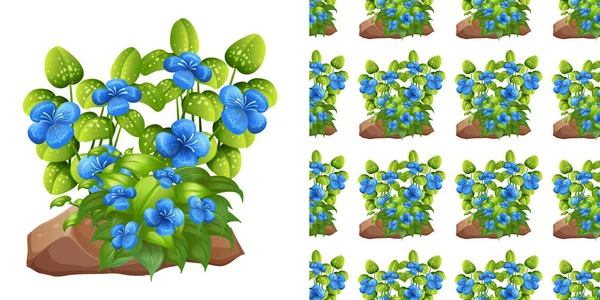 Nahtlose Hintergrundgestaltung mit blauen Blüten und grünen Blättern — Stockvektor