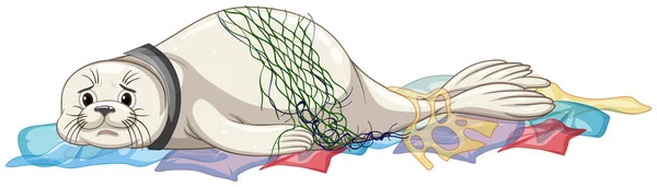 Phoque capturé au filet sur fond blanc — Image vectorielle