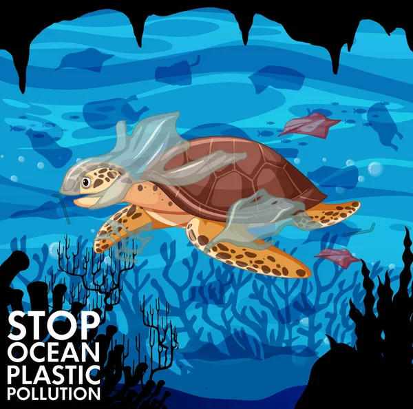 Poster design avec tortue de mer et sacs en plastique dans l'océan — Image vectorielle