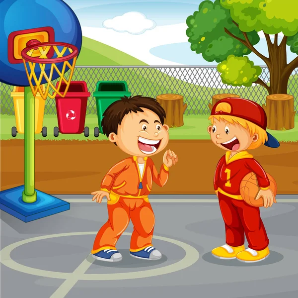 Due ragazzi che giocano a basket nel parco — Vettoriale Stock