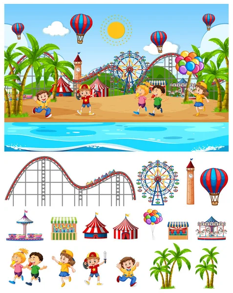 Escena de diseño de fondo con niños en la feria junto a la playa — Archivo Imágenes Vectoriales