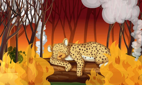Scéna odlesňování s gepard umírajícím v plamenu — Stockový vektor