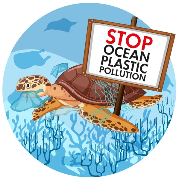 Návrh plakátu s mořskou želvou držící zastavení plastového znečištění — Stockový vektor