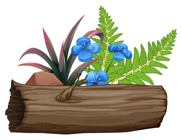 白い背景に青い花と木製のログ ストックベクター