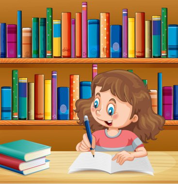 Kütüphanede not defterine yazan sevimli kız