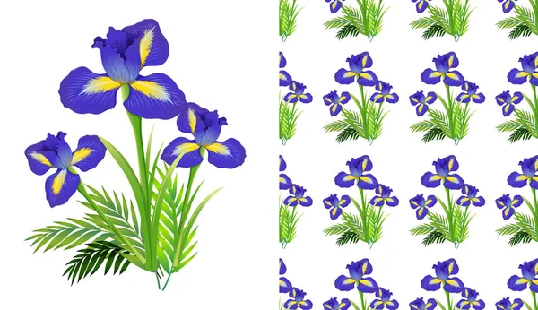 Nahtlose Hintergrundgestaltung mit Irisblumen und Farnen — Stockvektor
