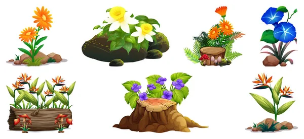 岩や木にカラフルな花の大きなセット — ストックベクタ
