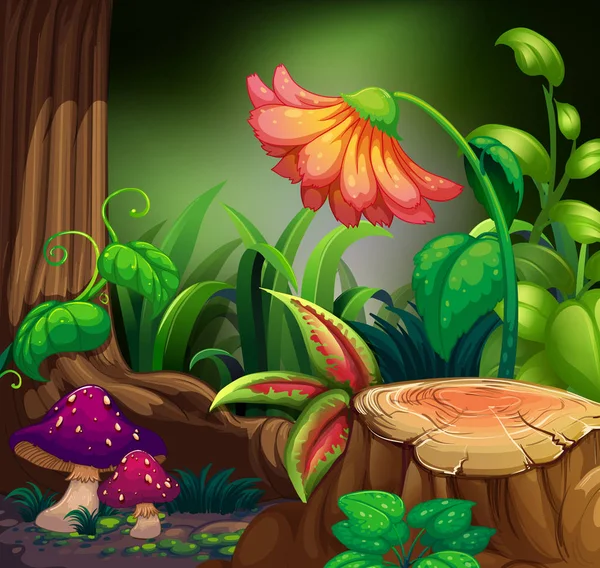 Escena de naturaleza con flor en bosque oscuro — Vector de stock