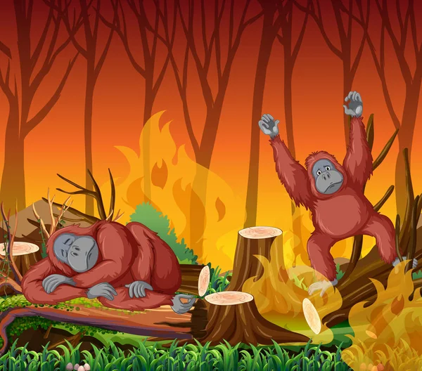 Maymun ve orman yangını ile ormansızlaşma sahnesi — Stok Vektör