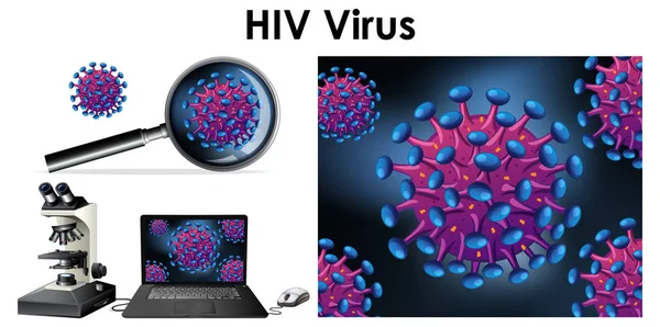 HIV virus on computer screen and magnifying glass — Stock Vector