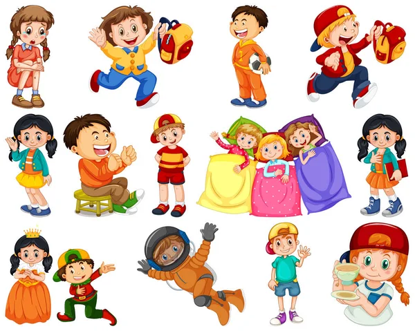 Enfants dans différentes expressions et actions — Image vectorielle