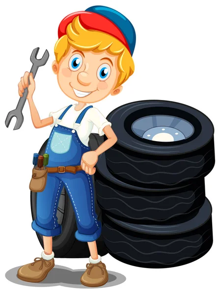 Mechanic with tools and tyres — Stock Vector