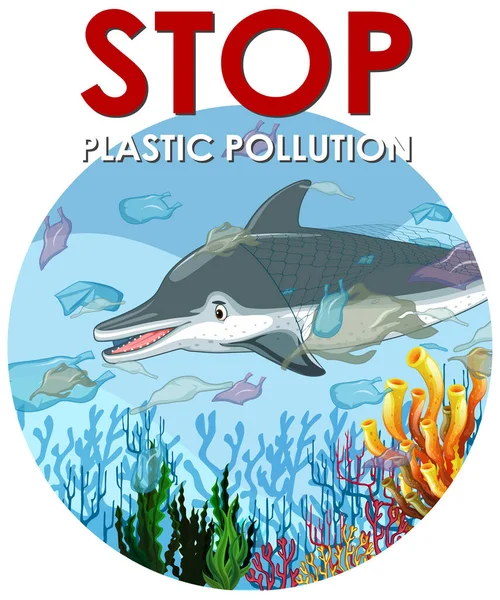 Escena de control de contaminación con delfines y bolsas de plástico — Archivo Imágenes Vectoriales