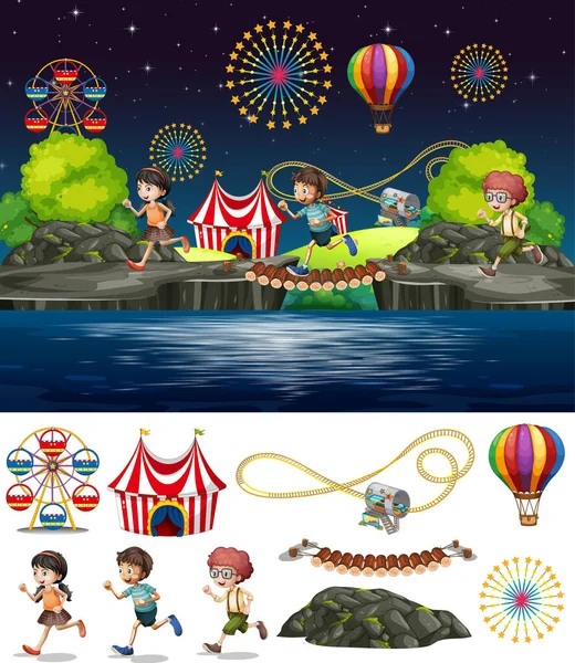 Scene background design with people playing in circus — Stock Vector