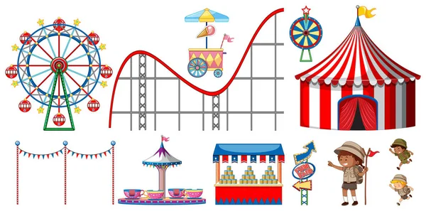 Isolerade föremål från cirkustema med barn och åkattraktioner — Stock vektor