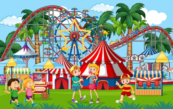 Een outdoor kermis scene met kinderen spelen — Stockvector