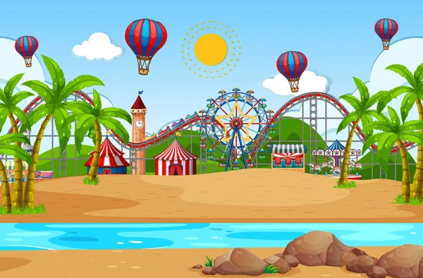 Scene achtergrond ontwerp met circus op het strand — Stockvector