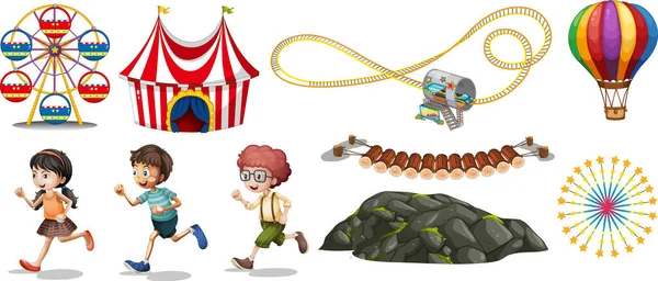 Изолированные объекты из цирковой тематики с детьми и аттракционами — стоковый вектор