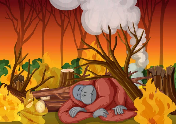 Avskogning scen med Monkey och Wildfire — Stock vektor