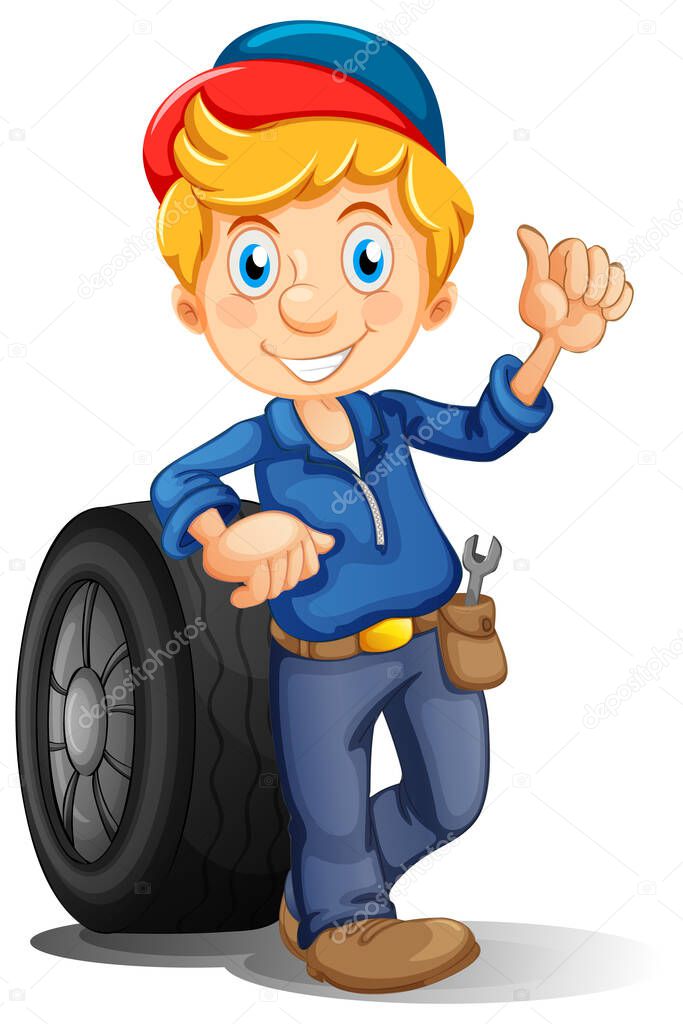 Mechanic with tools and wheel