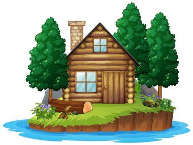 Beyaz arkaplanda ahşap barakalı bir sahne