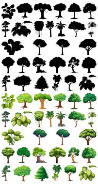 Silüeti ile bitki ve ağaç seti