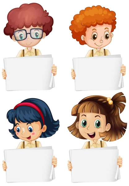 Κενό Πρότυπο Πινακίδας Χαρούμενα Παιδιά Λευκό Φόντο Εικονογράφηση — Διανυσματικό Αρχείο