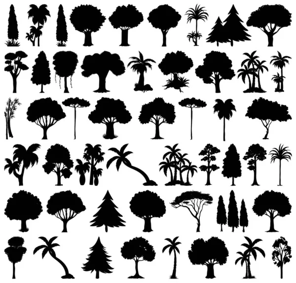 Set Van Planten Bomen Silhouet Illustratie — Stockvector