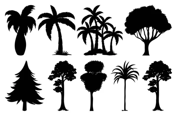 Set Van Planten Bomen Silhouet Illustratie — Stockvector