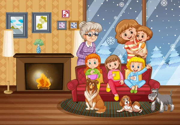 Glückliche Familie Bleibt Winter Hause Illustration — Stockvektor