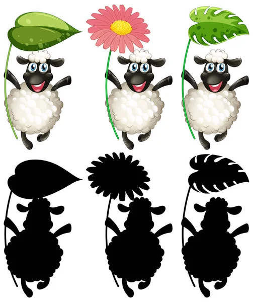 Joyeux Mouton Tenant Feuille Fleur Ensemble Illustration — Image vectorielle