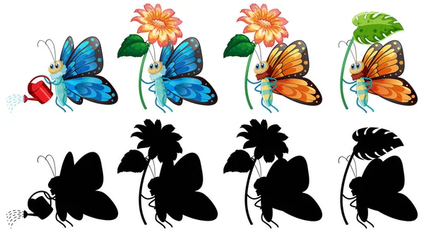 Conjunto Dibujos Animados Mariposas Silueta Ilustración — Vector de stock