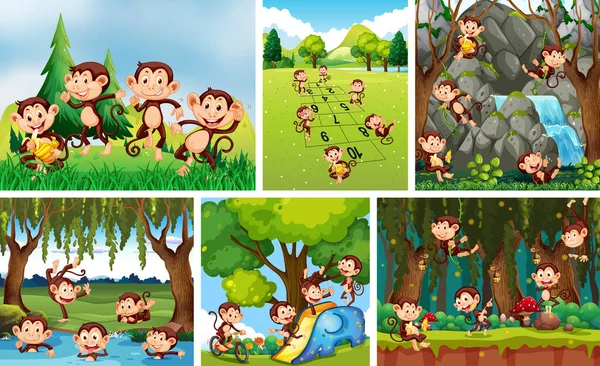 Set Von Verspielten Affen Der Natur Hintergrund Illustration — Stockvektor