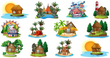 Beyaz arkaplanda izole edilmiş farklı bangalovlar ve ada plaj teması ve eğlence parkı seti