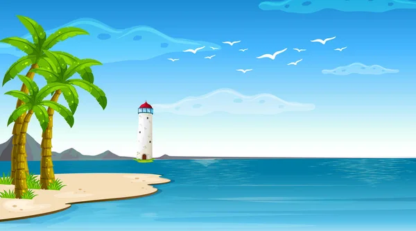 海のイラストの真ん中に灯台のある風景 — ストックベクタ