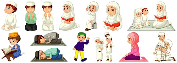 Zestaw Różnych Ludzi Muzułmanów Postać Kreskówki Izolowane Białym Tle Ilustracji — Wektor stockowy