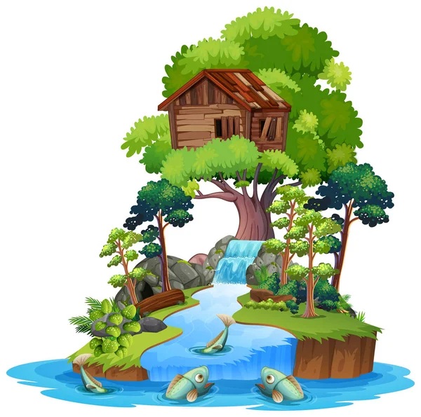 Oude Houten Boomhut Eiland Illustratie — Stockvector