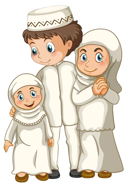 Arabiska Muslim Familj Traditionella Kläder Isolerad Vit Bakgrund Illustration — Stock vektor