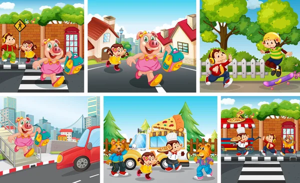 Set Animal Children City Background Illustration — Stock Vector